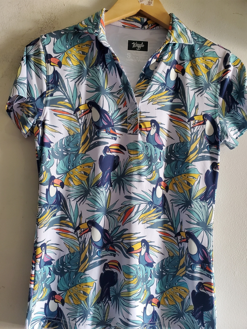 Waggle Tropical Toucan Polo - White with Teal & Yellow Print